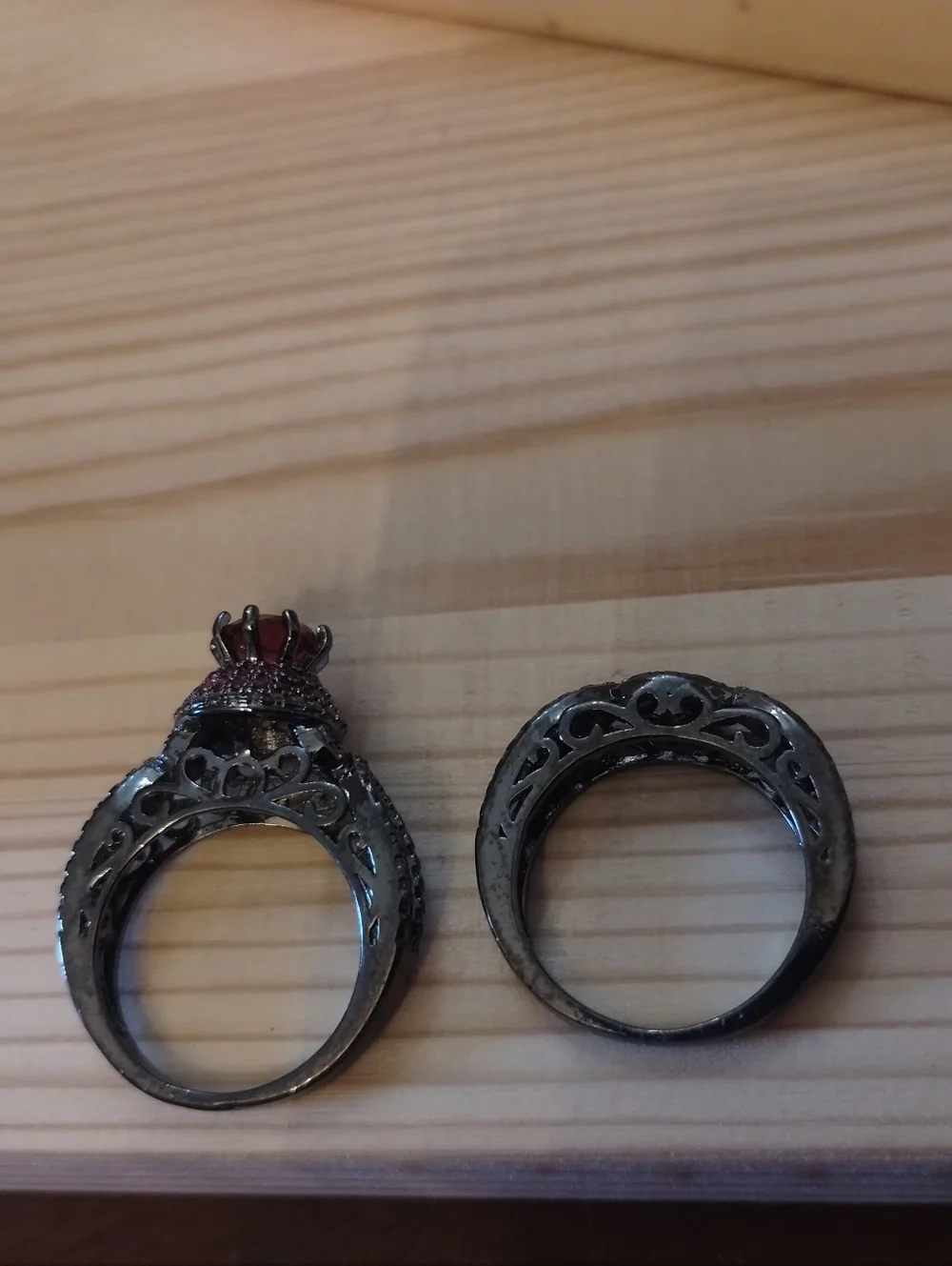 New Pink Gemstone Ring Set 2PC Black Tone  Stackable Statement Rings Size 6